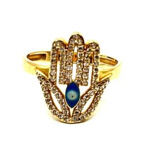 14K Solid Yellow Gold Hamsa Hand Blue Eye Iced CZ Band Ring Size 7.5